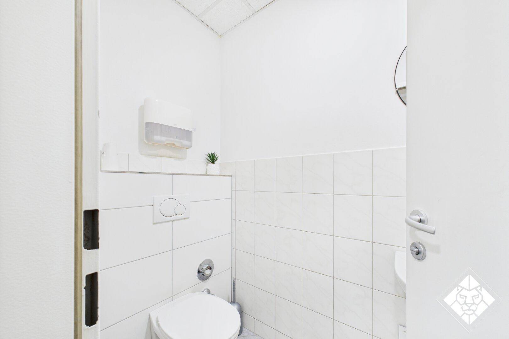 Saubere und helle Toilette mit weißen Fliesen, Wand-WC und kleinem Waschbecken.