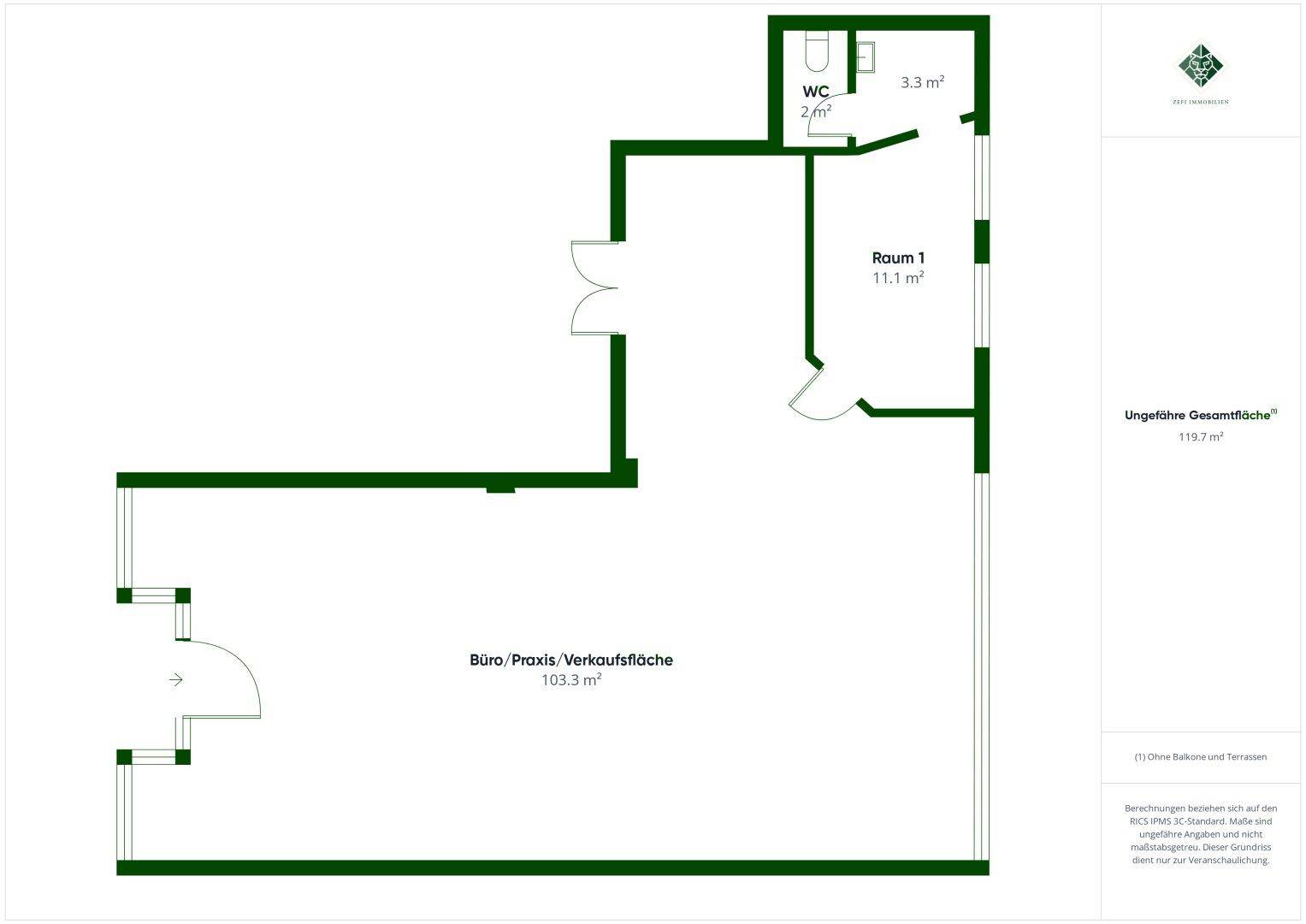 Grundrissplan zeigt eine Gewerbefläche von 103,3 m² mit einem zusätzlichen Raum und separatem WC.