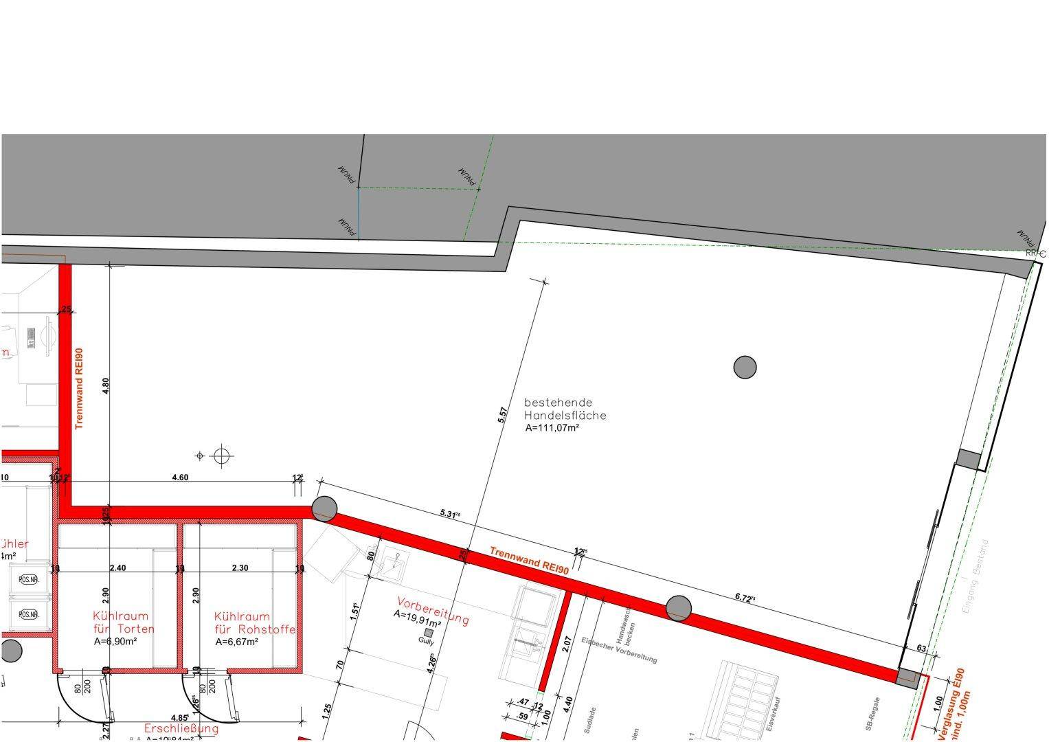 Grundriss einer Handelsfläche mit angrenzenden Kühlräumen und Vorbereitungsbereichen.