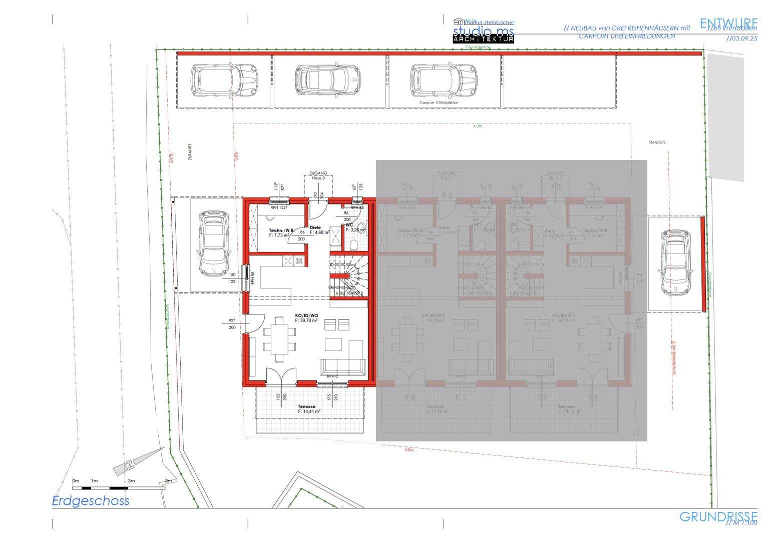 Grundriss des Erdgeschosses mit offenem Wohnbereich, Küche, Gäste-WC und Carports.