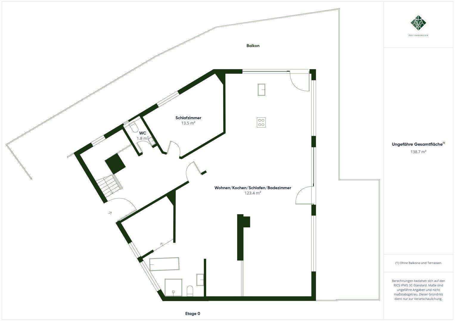 Grundriss der Etage 0 mit offenem Wohnbereich, Schlafzimmer, WC und Balkon.