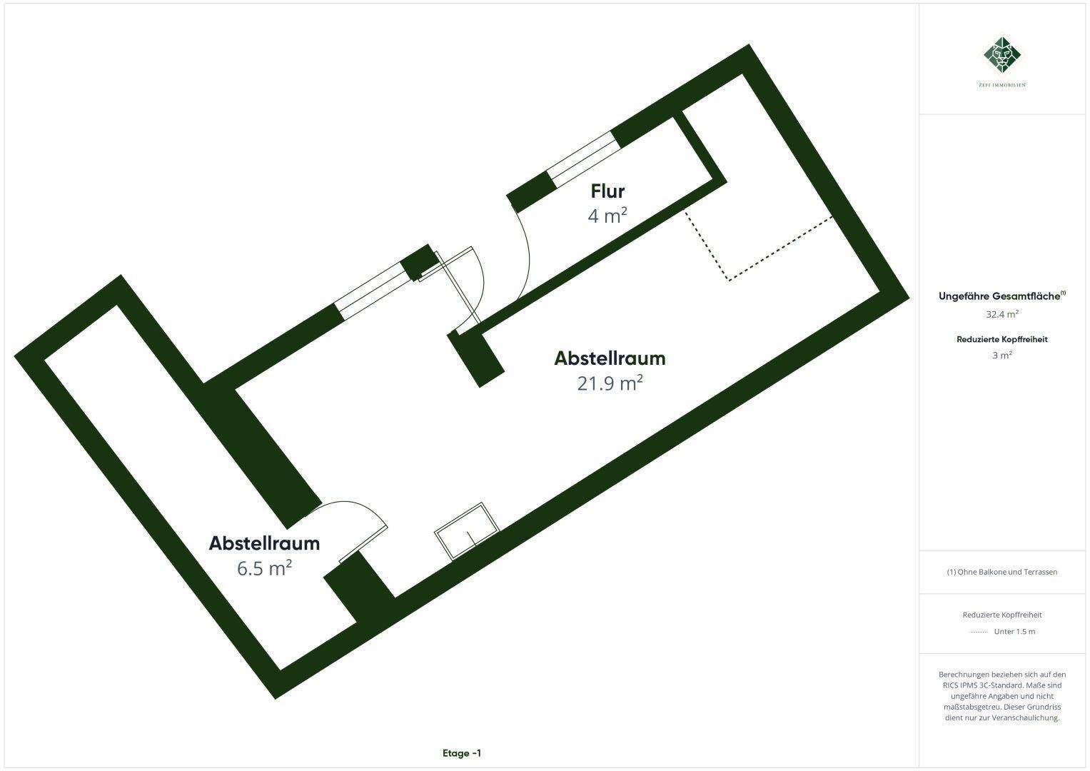 Grundriss der Etage -1 mit Flur und zwei Abstellräumen.