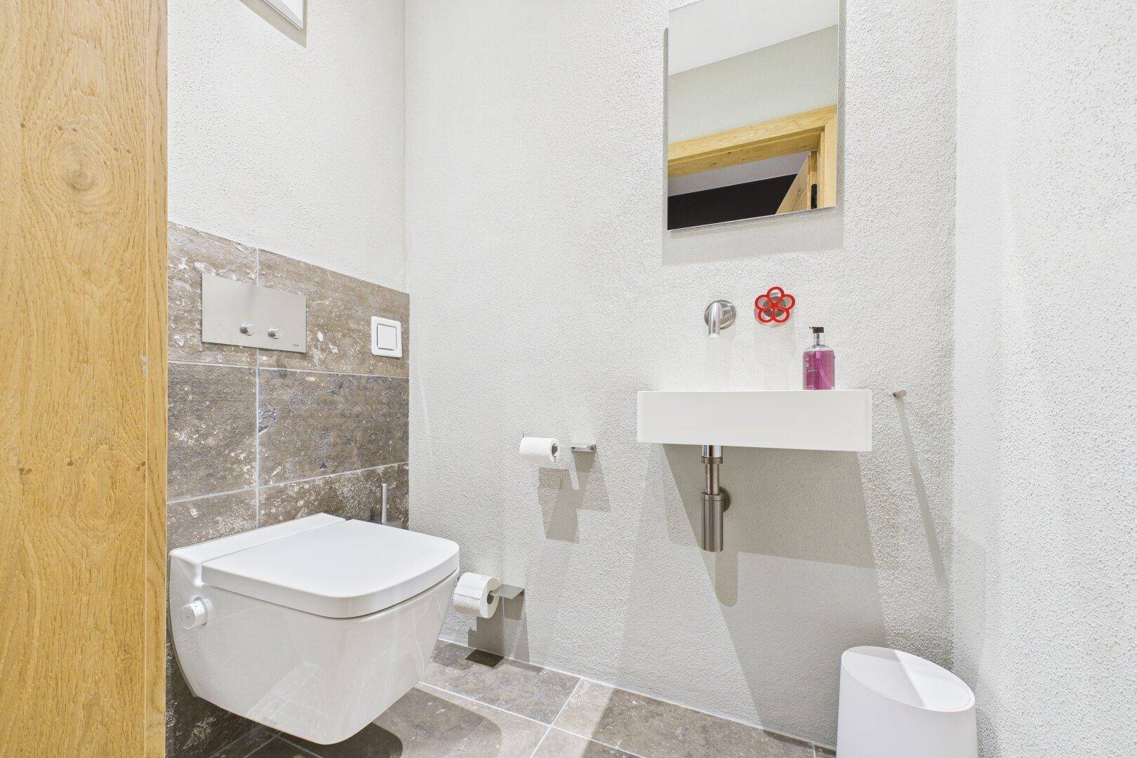 Modernes Gäste-WC mit Wand-WC, kleinem Waschbecken und Spiegel.