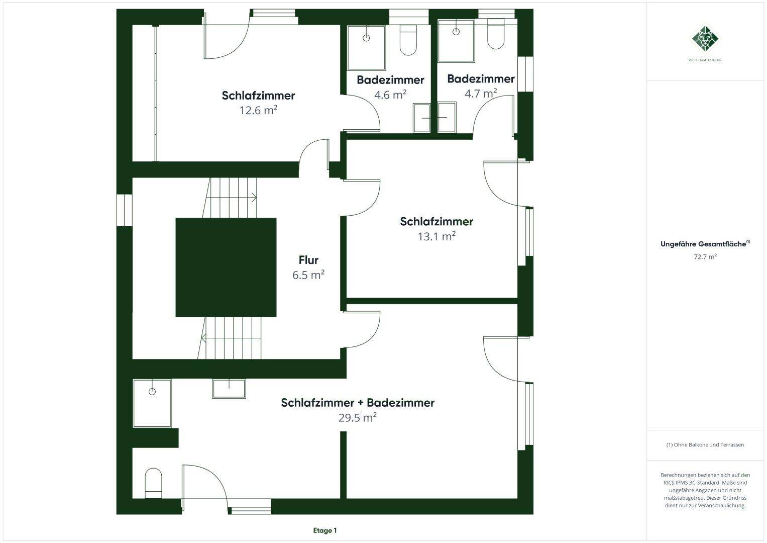 Grundriss des ersten Obergeschosses mit drei Schlafzimmern und zwei Badezimmern.
