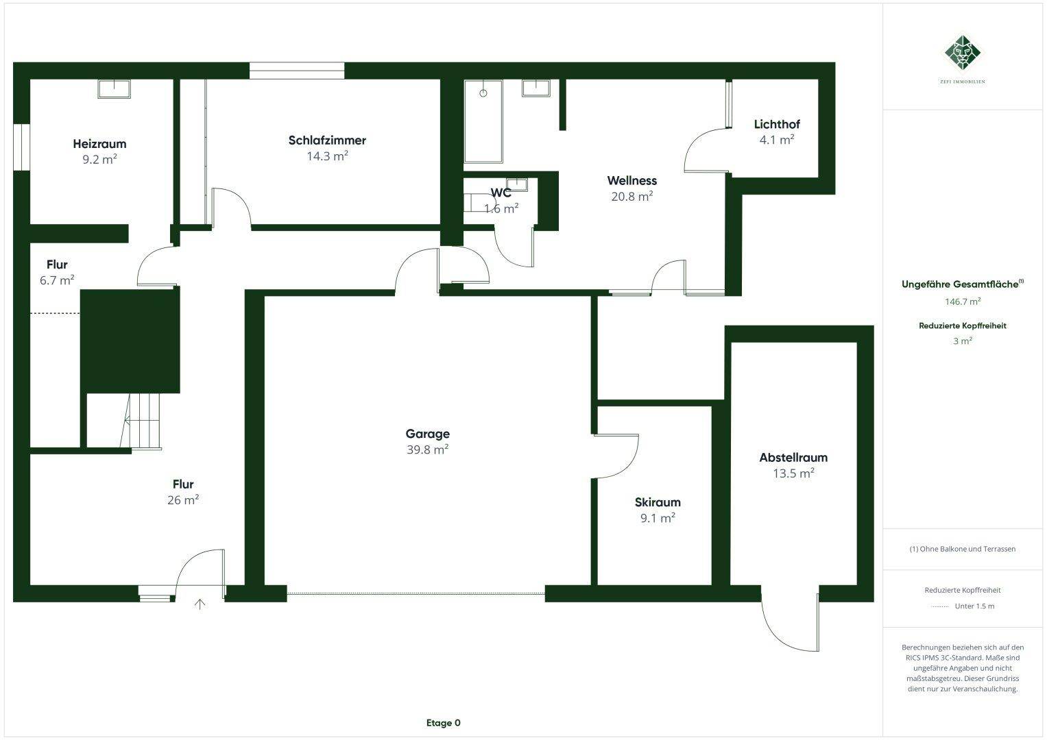 Grundriss des Erdgeschosses mit Garage, Schlafzimmer, Wellnessbereich und Abstellraum.