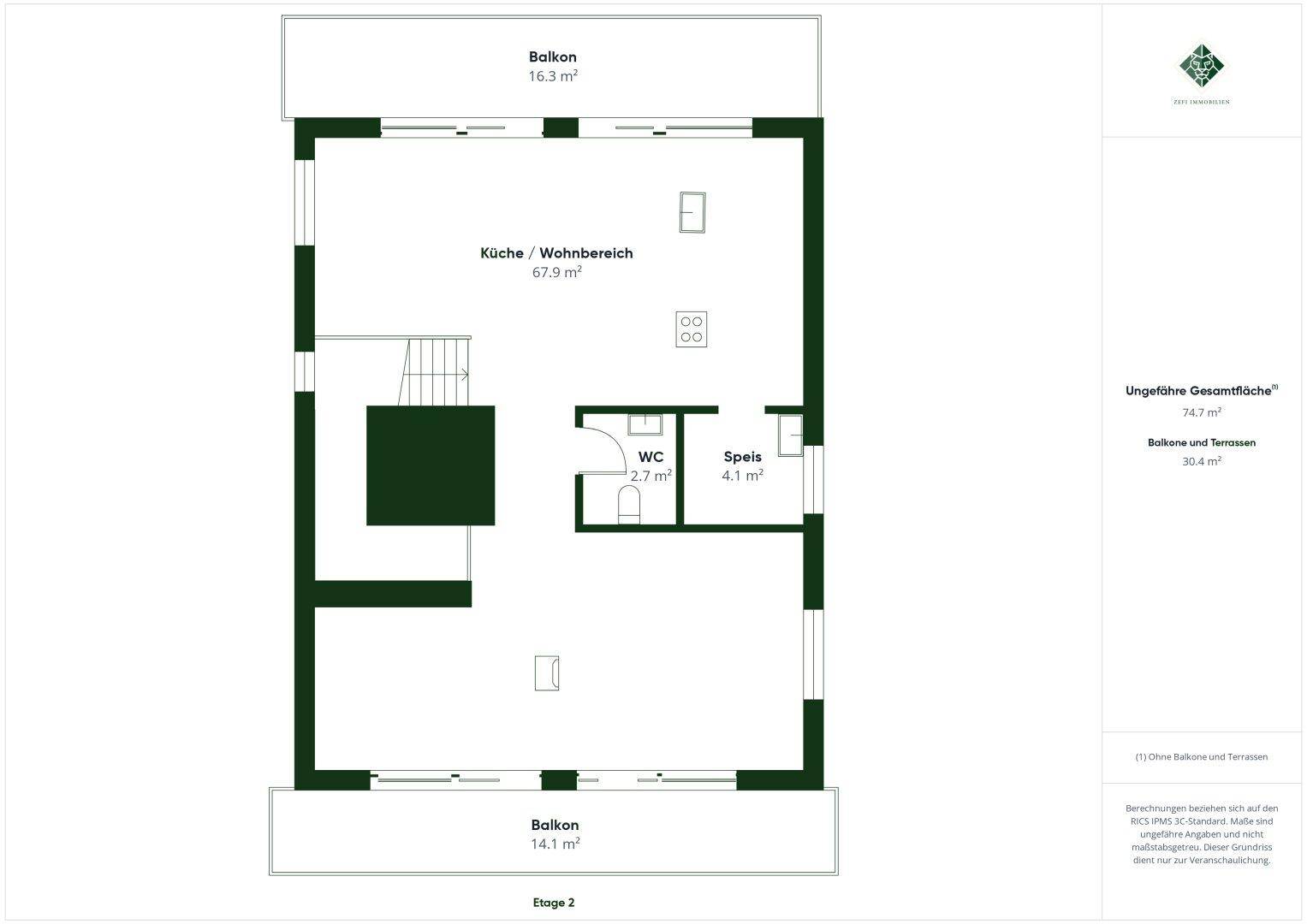 Grundriss des zweiten Obergeschosses mit offener Küche, Wohnbereich und zwei Balkonen.