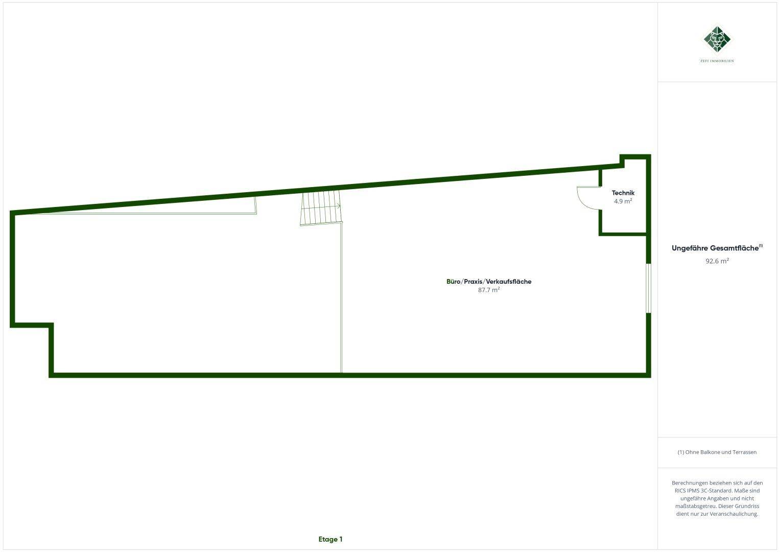 Grundriss des Obergeschosses mit einer flexiblen Büro-, Praxis- oder Verkaufsfläche und einem Technikraum.