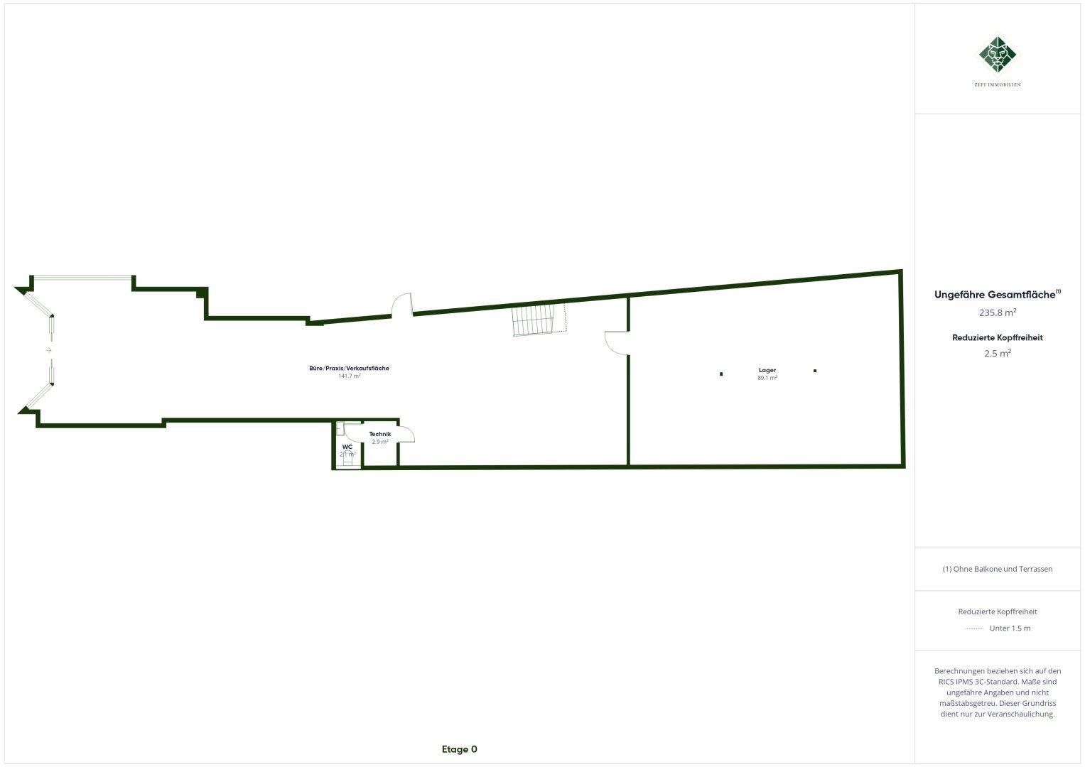 Grundriss des Erdgeschosses mit einer großen Verkaufsfläche, Lager und einem separaten WC-Bereich.