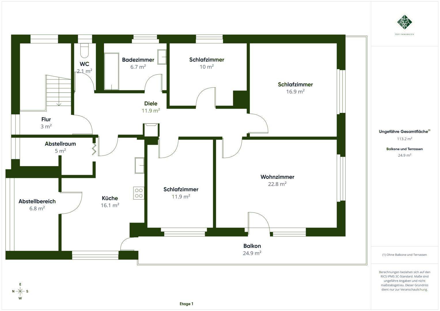 Grundriss des Obergeschosses mit Wohnzimmer, Schlafzimmer und großem Balkon.