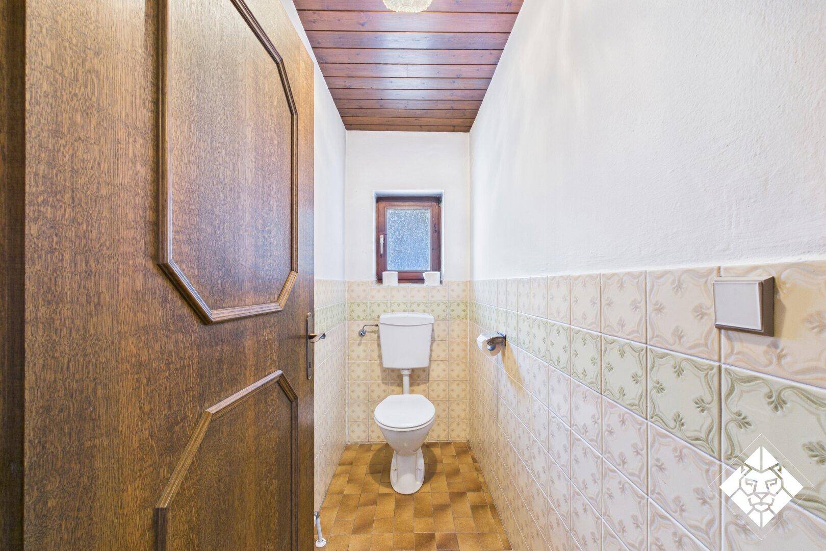 Kleines Gäste-WC mit WC, Fenster und gemusterten Fliesen in hellem Design.