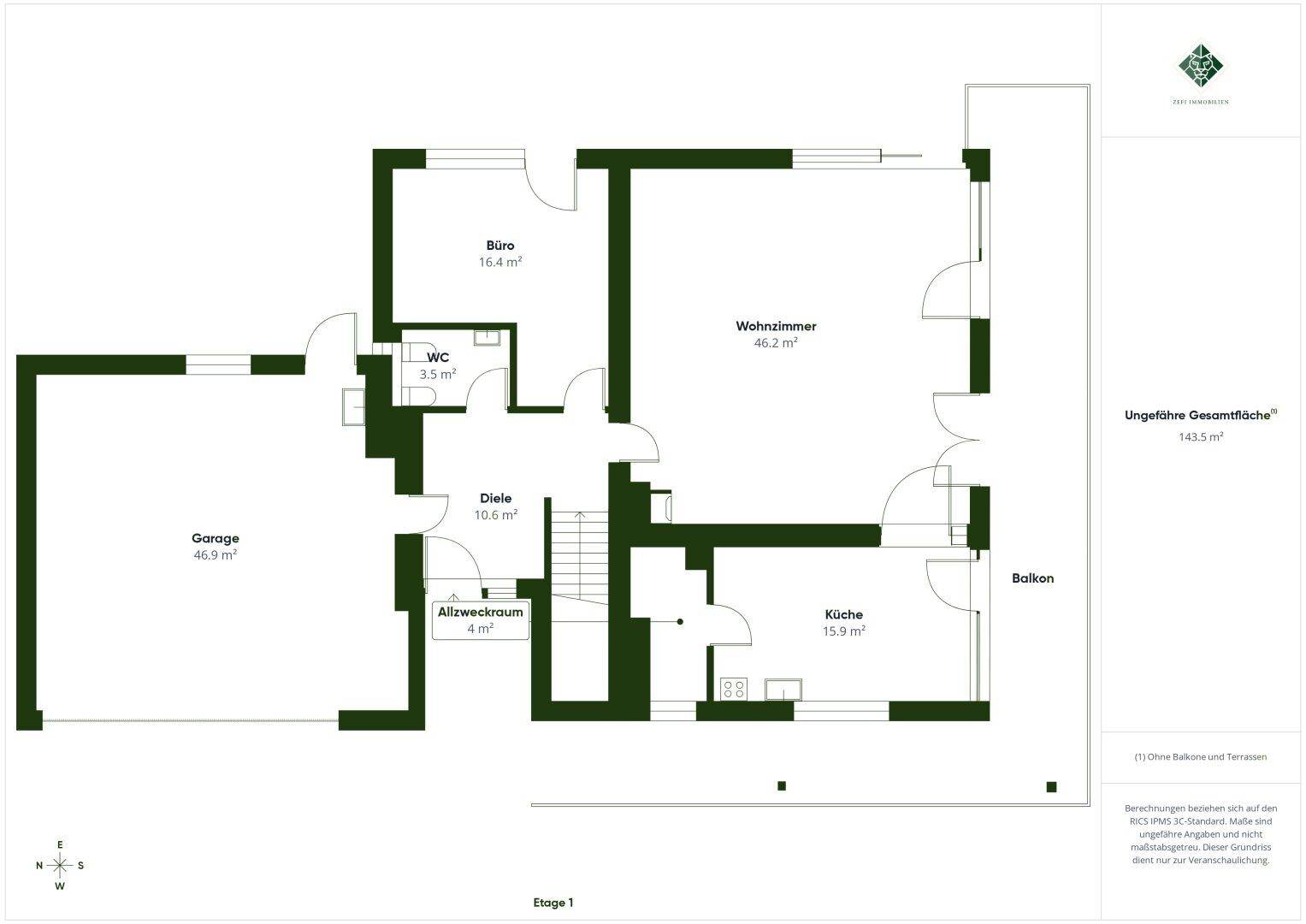 Grundriss des Obergeschosses mit Wohnzimmer, Küche, Büro, Garage und Balkon.