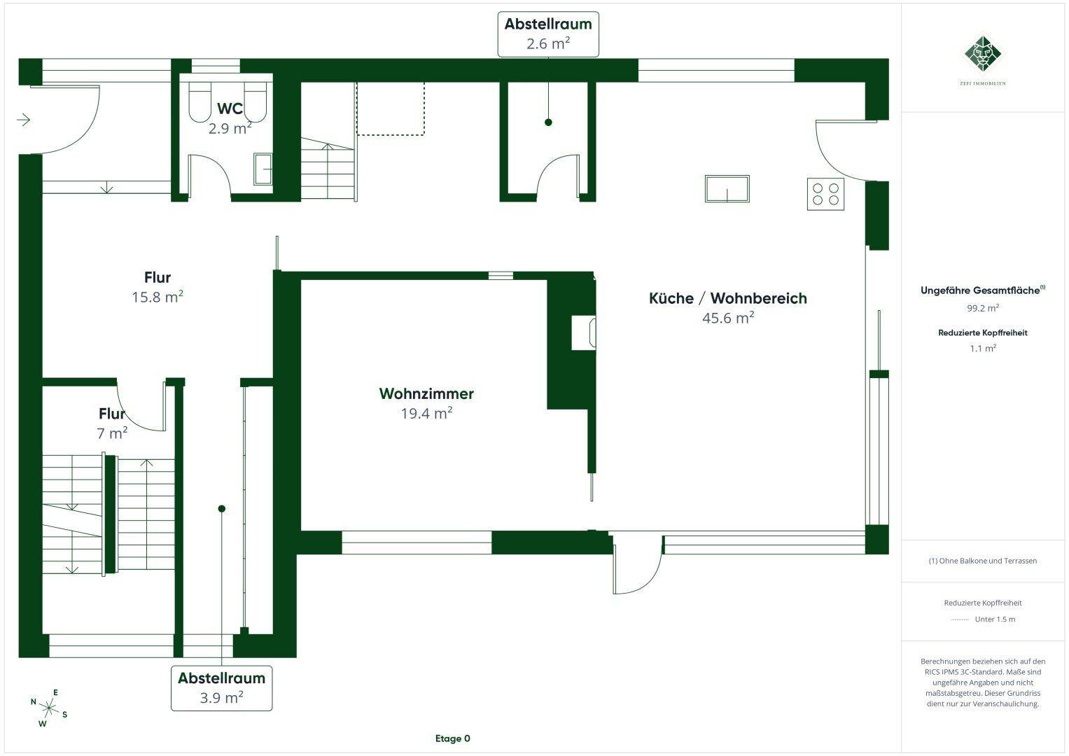 Grundriss des Erdgeschosses mit Wohnzimmer, Küche und Abstellräumen, inklusive Flächenangaben.