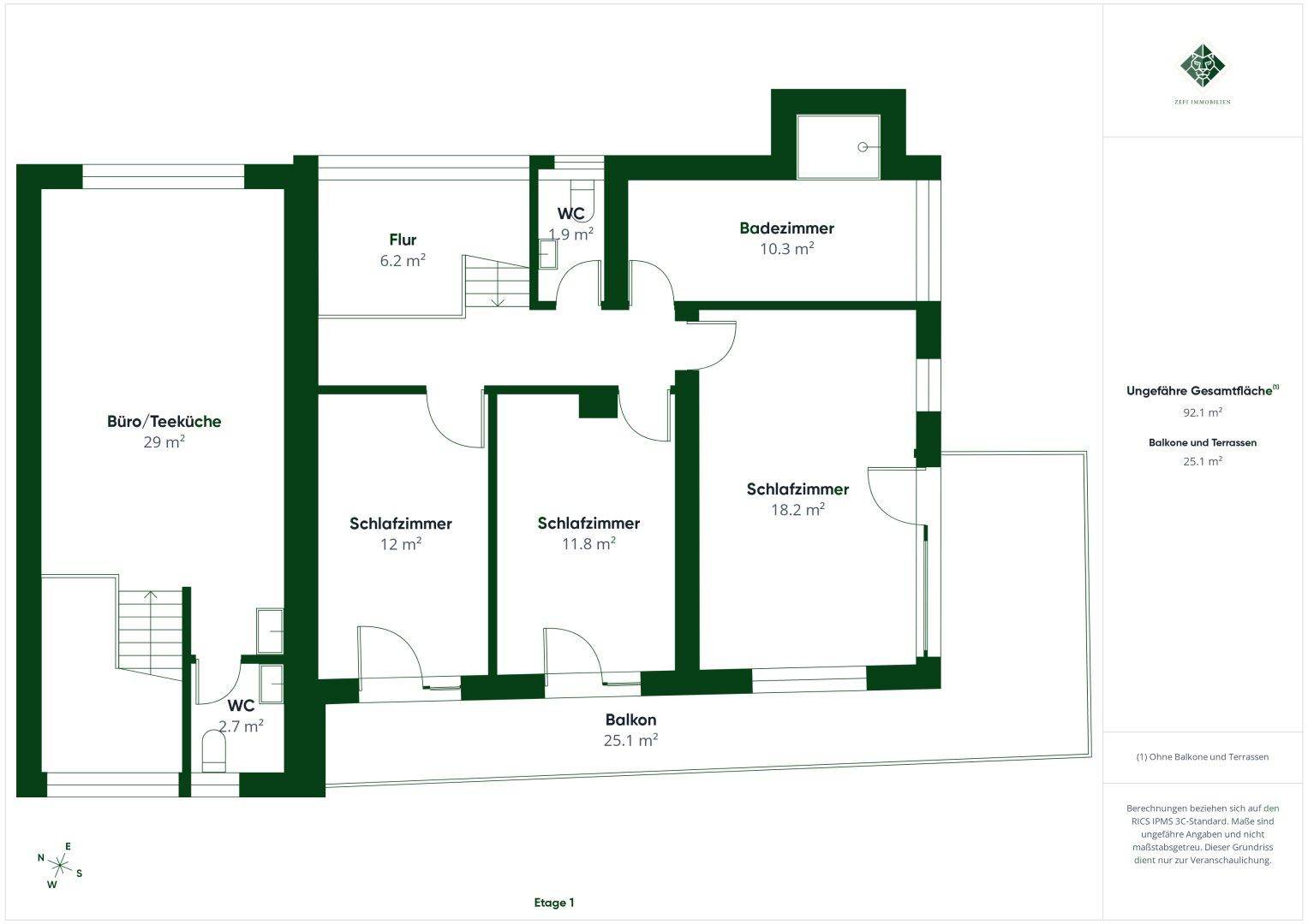 Grundriss des ersten Obergeschosses mit Schlafzimmern, Badezimmer und Balkon, inklusive Flächenangaben.