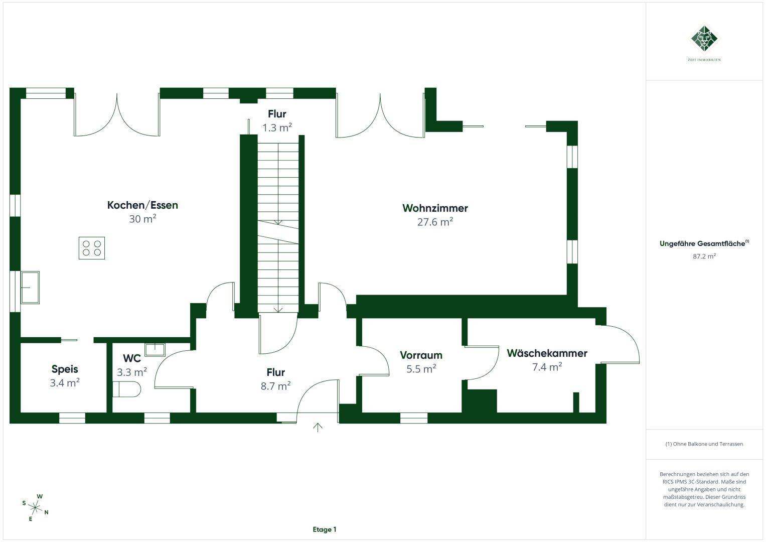 Grundriss der ersten Etage mit offener Küche, Essbereich und separatem Wohnzimmer.
