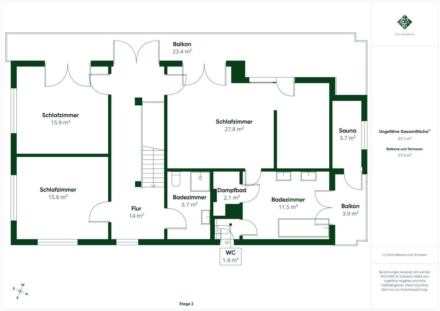 Grundriss der zweiten Etage mit Schlafzimmern, Bädern, Sauna und Balkonzugang.