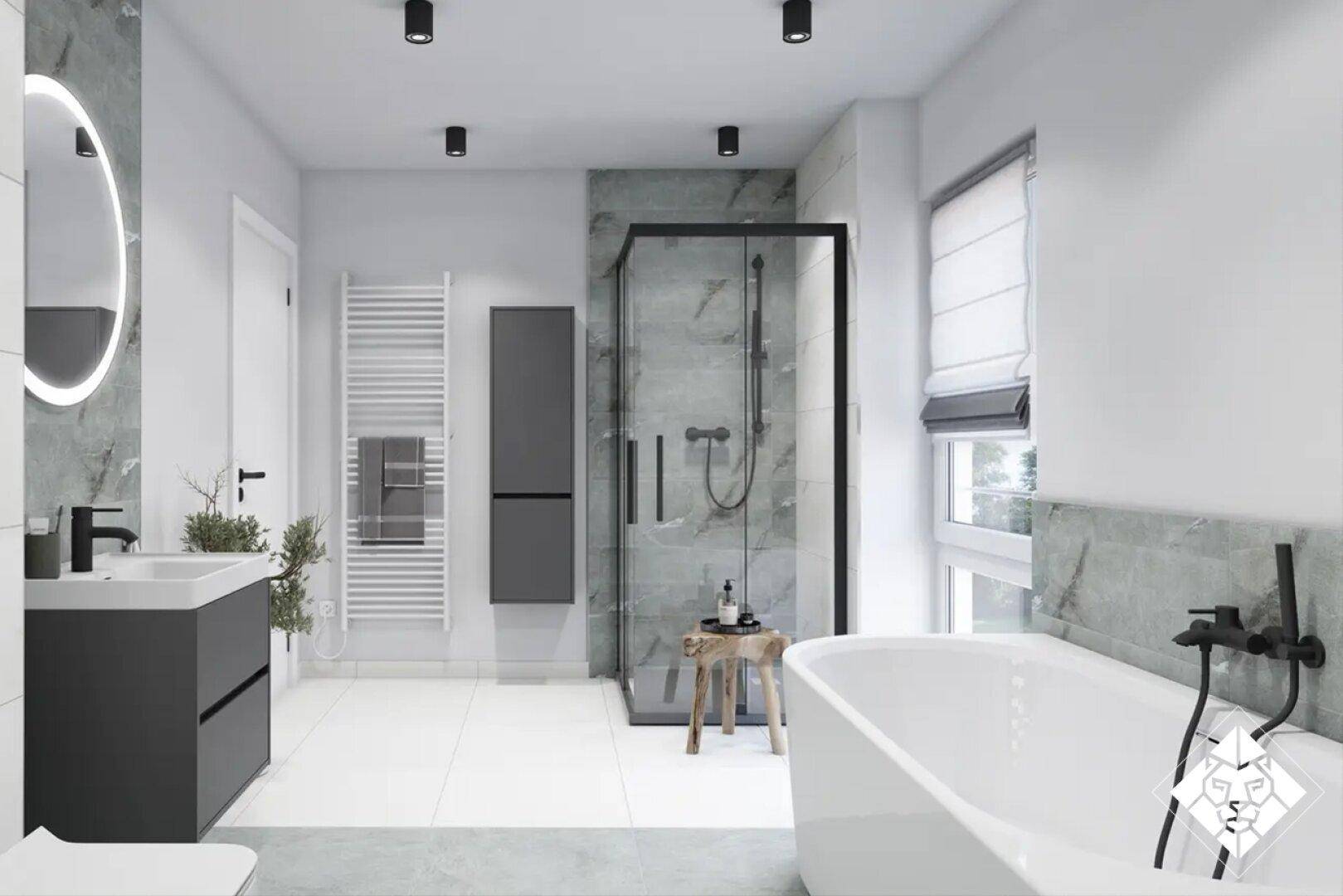 Helles Badezimmer mit Badewanne, Duschkabine und modernen Armaturen in Grau- und Weißtönen.