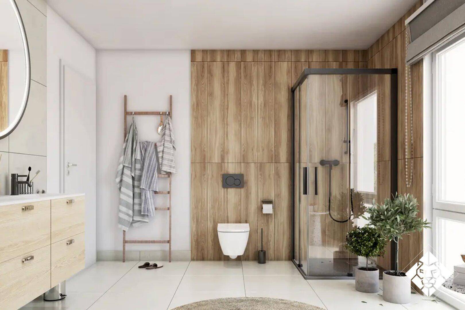 Modernes Badezimmer mit Duschkabine, Wand-WC und Holzverkleidung an der Wand.