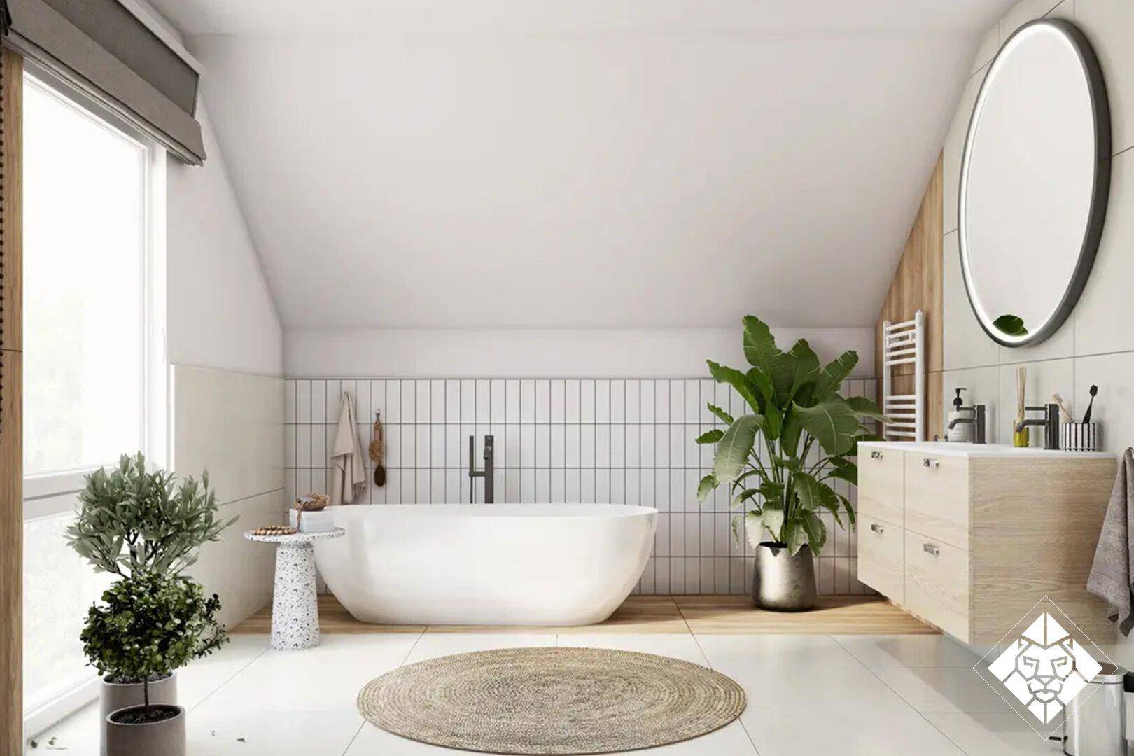 Modernes Badezimmer im Dachgeschoss mit freistehender Badewanne und Holzdetails.