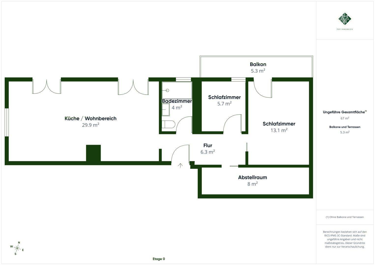 Grundriss der Etage 0 mit Küche, Wohnbereich, zwei Schlafzimmern und Balkon.