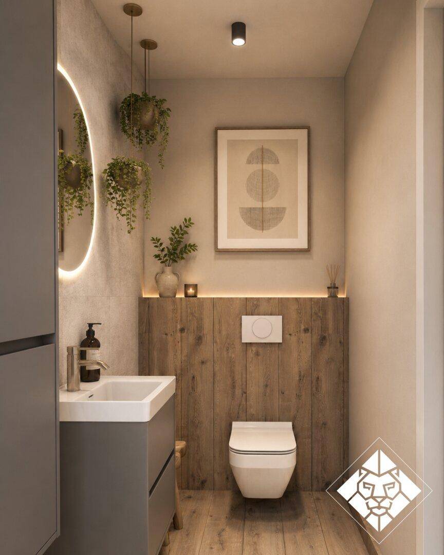Stilvolle Gästetoilette mit Holzverkleidung, modernem Waschbecken und beleuchtetem Spiegel.