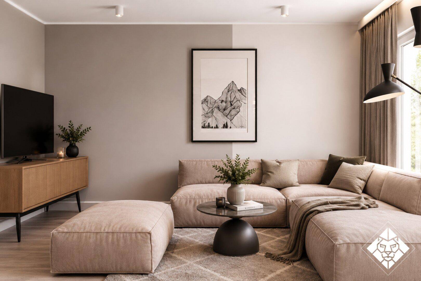Gemütliches Wohnzimmer mit beigem Ecksofa, modernem Dekor und weichem Teppich.