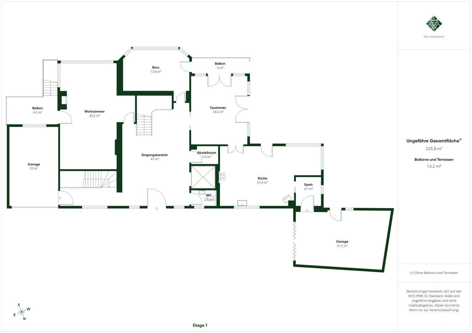 Grundriss der ersten Etage mit Wohnzimmer, Küche, Büro und Garage.