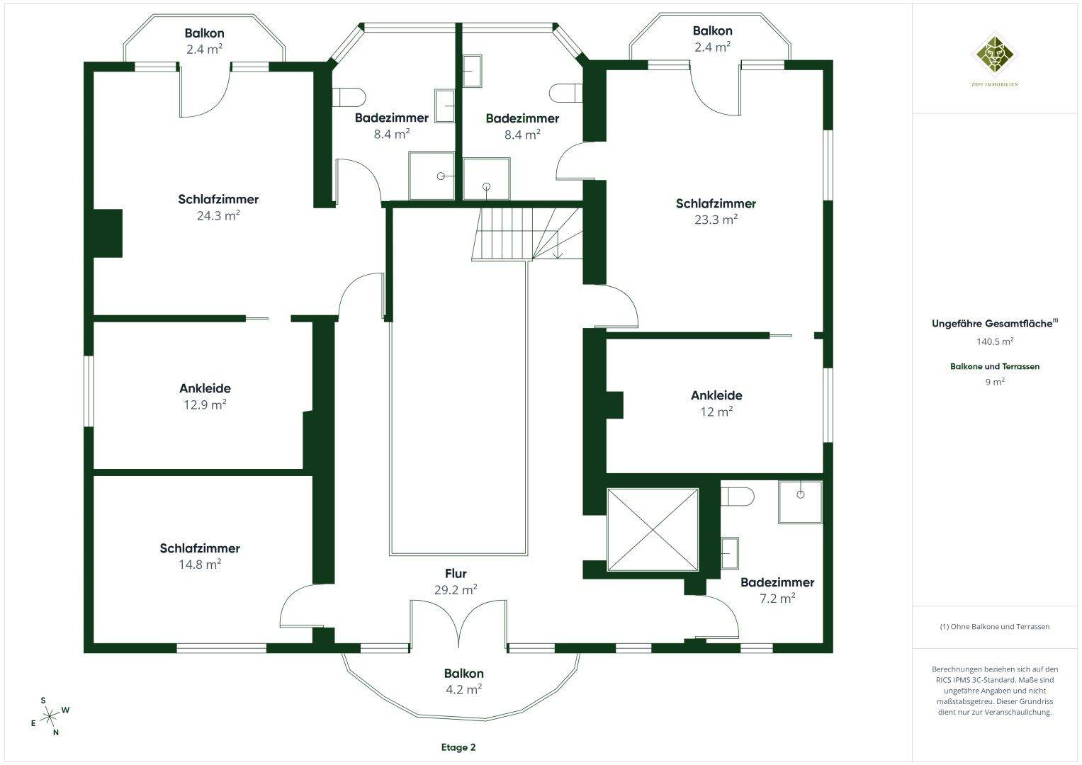 Grundriss der zweiten Etage mit drei Schlafzimmern, Ankleiden und Bädern.