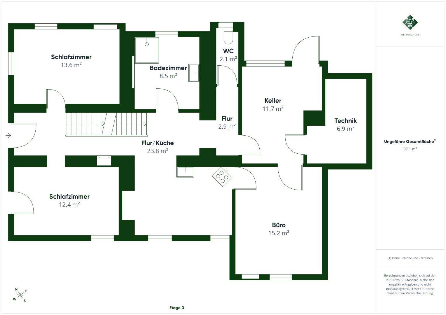 Grundriss des Erdgeschosses mit zwei Schlafzimmern, Bad, WC, Keller und Büro.