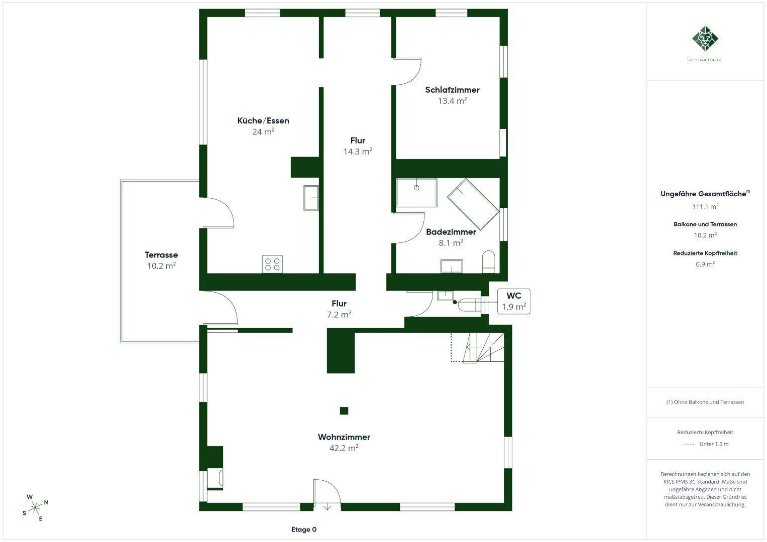 Grundriss des Obergeschosses mit Küche, Essbereich, Wohnzimmer, Schlafzimmer und Terrasse.