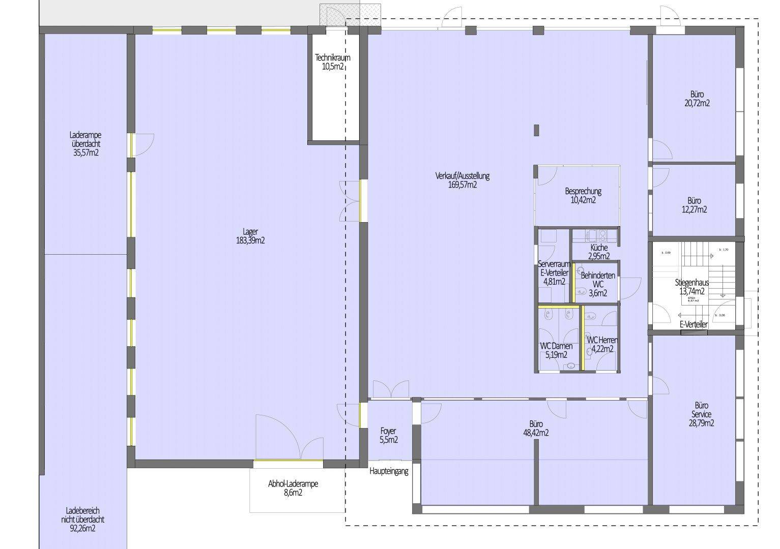 Detaillierter Grundriss eines Gewerbeobjekts mit Lager, Büros, Verkaufsfläche und Sanitärbereichen.