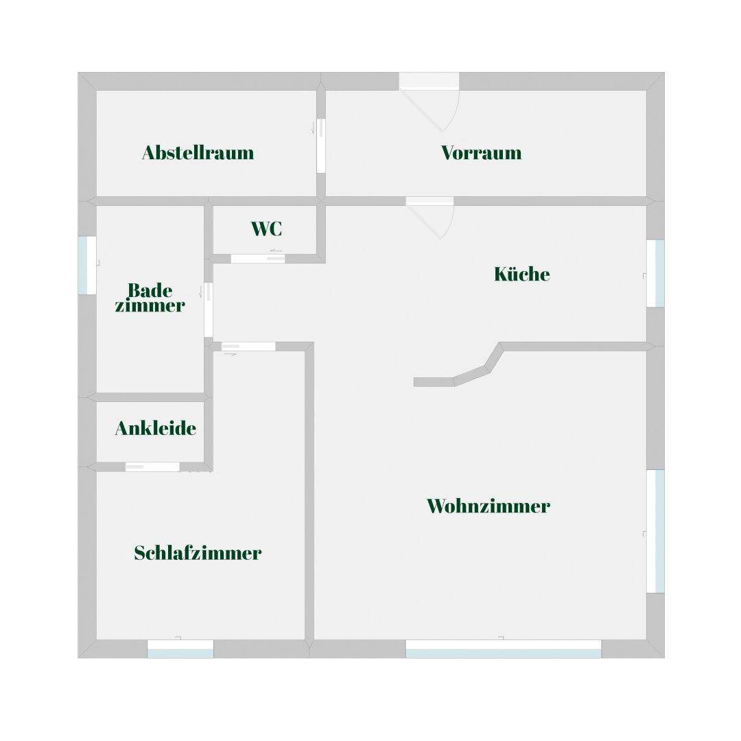 Grundrissplan mit Aufteilung in Wohnzimmer, Küche, Schlafzimmer und Bäder.