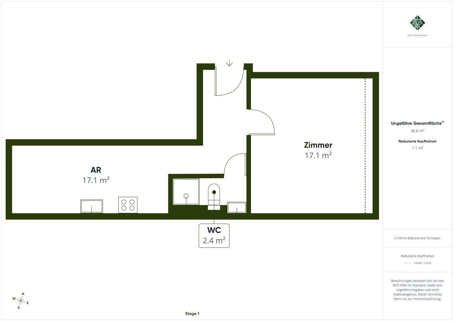 Grundriss der Etage 1 mit einem Zimmer, Abstellraum und separatem WC.