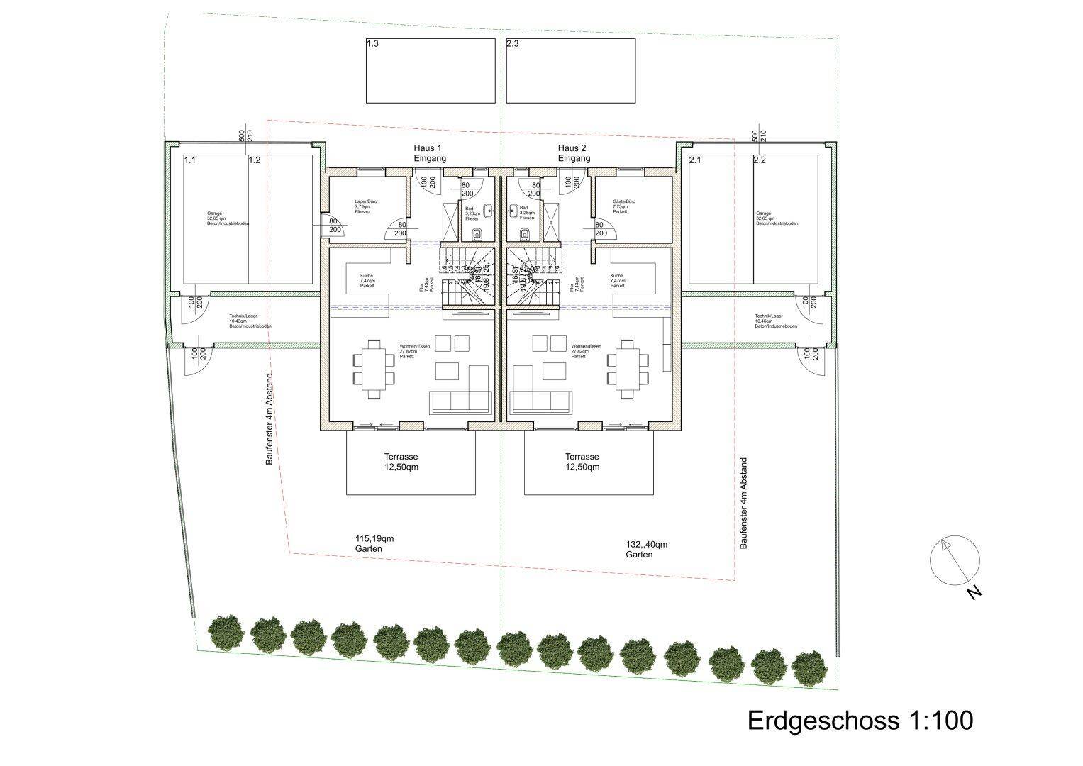 Grundriss des Erdgeschosses mit offenem Wohnbereich, Terrasse und Garten für zwei Einheiten.