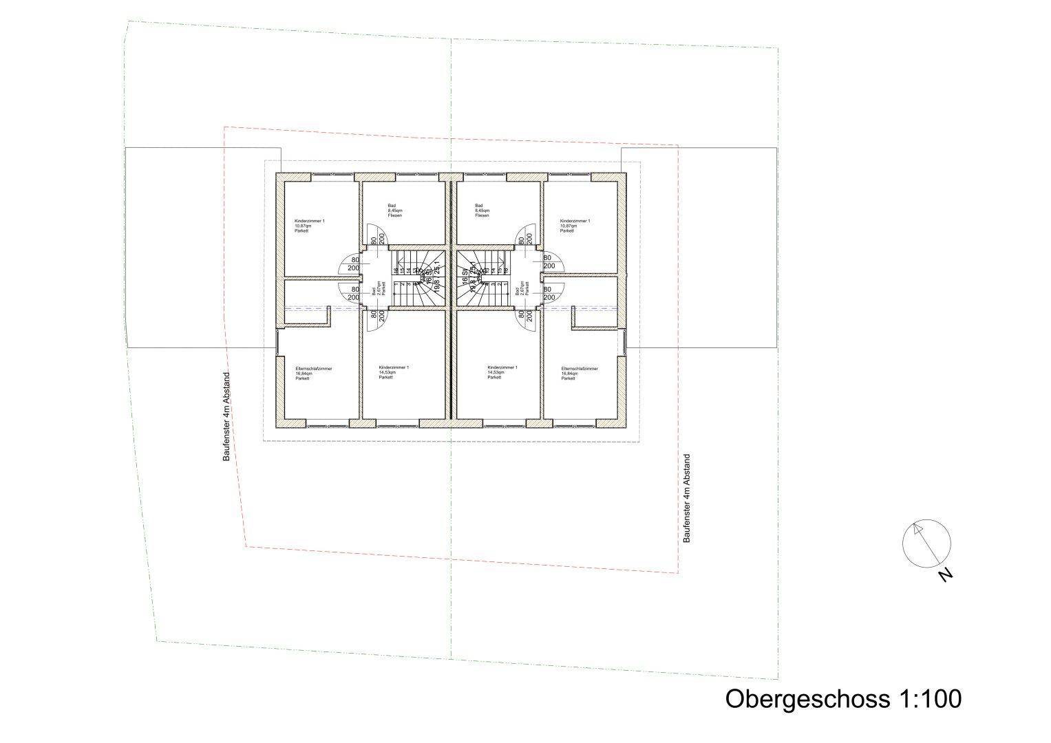 Grundriss des Obergeschosses mit Schlafzimmern und Bädern für zwei Wohneinheiten.