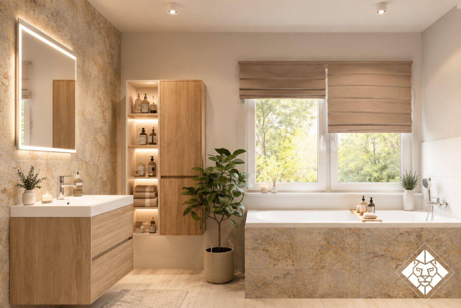Modernes Badezimmer mit Badewanne, Holzmöbeln und großem Fenster mit Blick ins Grüne.