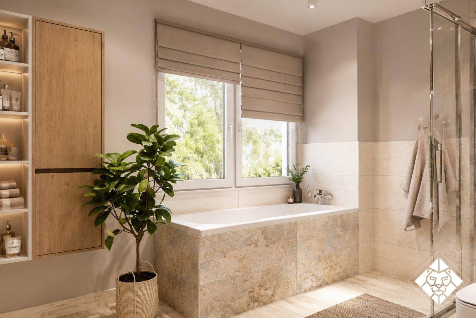Helles Badezimmer mit Badewanne, Duschkabine und Fenster mit Blick auf die Natur.