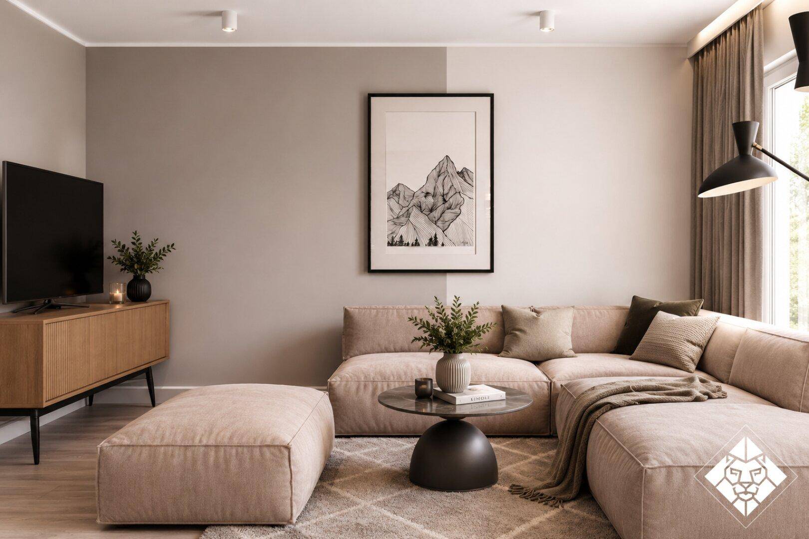 Gemütliches Wohnzimmer mit beigem Ecksofa, modernem Dekor und Holzboden.