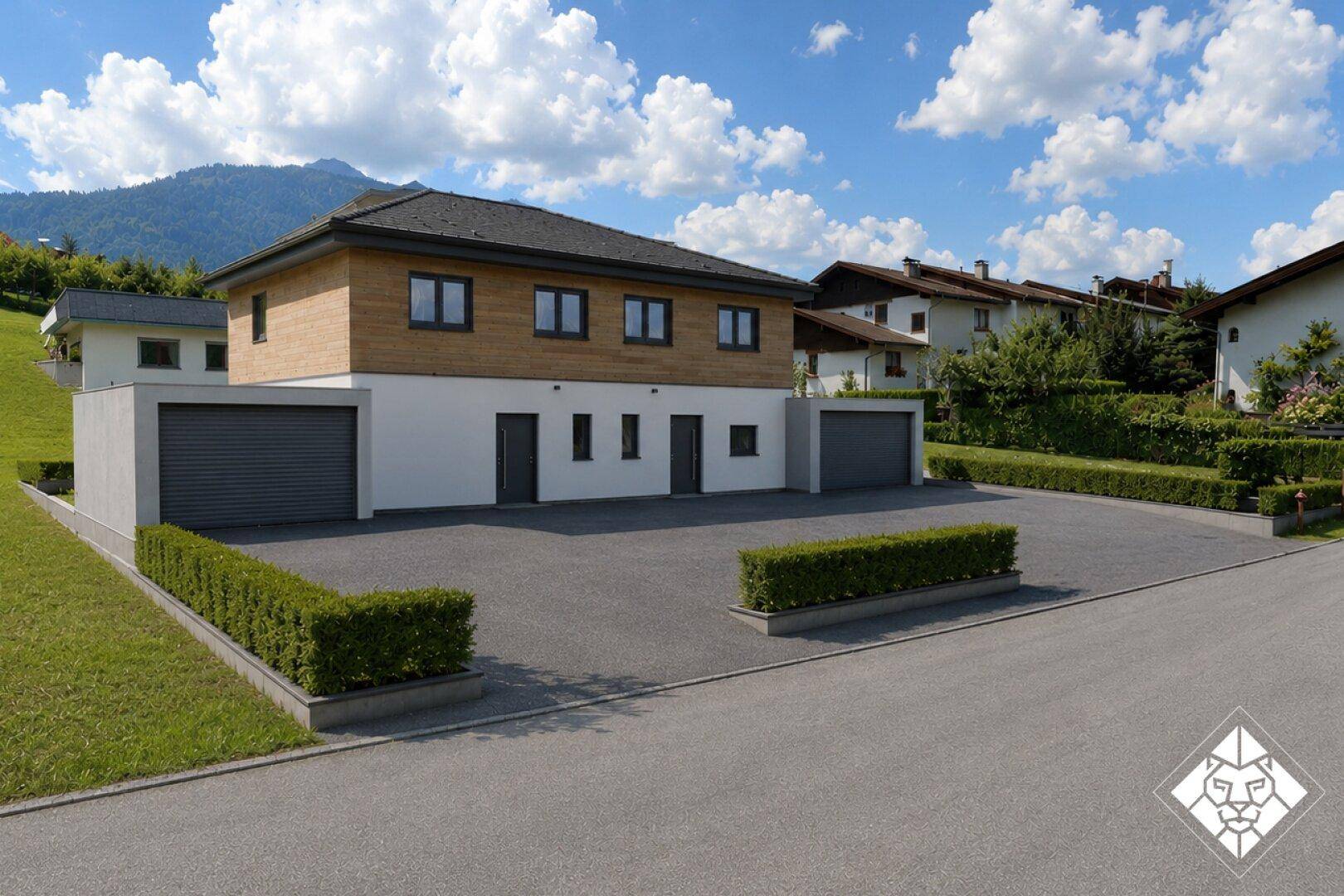 Modernes Doppelhaus mit Holzfassade, Garagen und gepflegter Auffahrt in bergiger Umgebung.