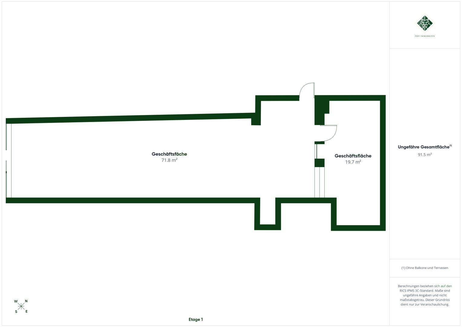 Grundriss der ersten Etage mit zwei Geschäftsflächen und einer ungefähren Gesamtfläche von 91,5 m².