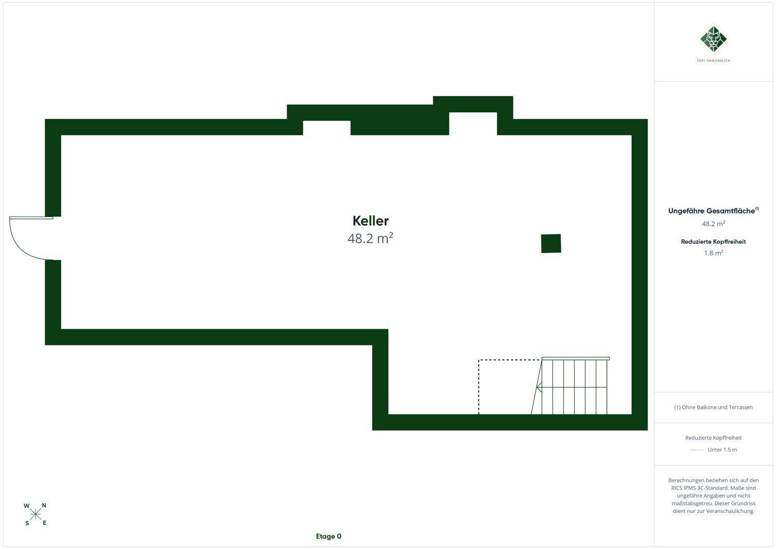 Grundriss des Kellers mit einer Fläche von 48,2 m² und einem Treppenabgang.