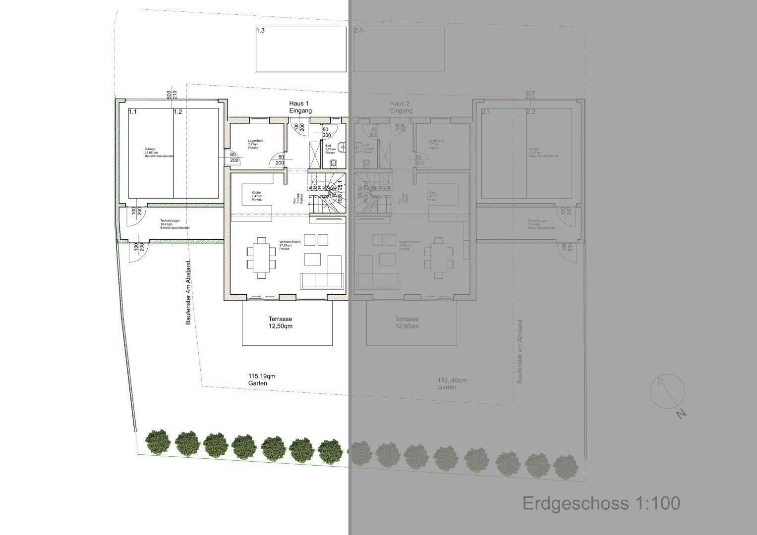 Grundriss des Erdgeschosses mit offenem Wohnbereich, Terrasse und Zugang zum Garten.