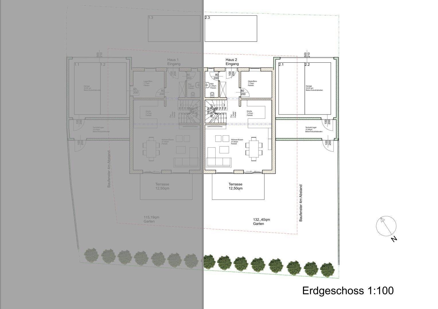 Grundriss des Erdgeschosses mit offenem Wohnbereich, Terrasse und Garten.