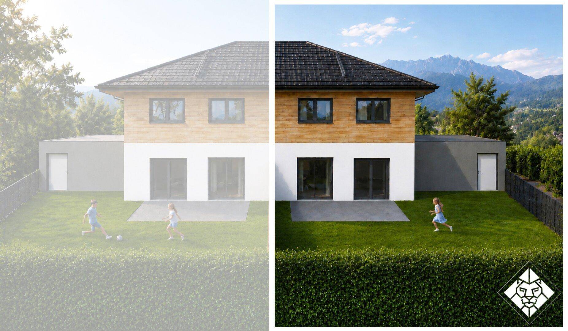 Modernes Einfamilienhaus mit großem Garten, Terrasse und Bergblick in grüner Umgebung.