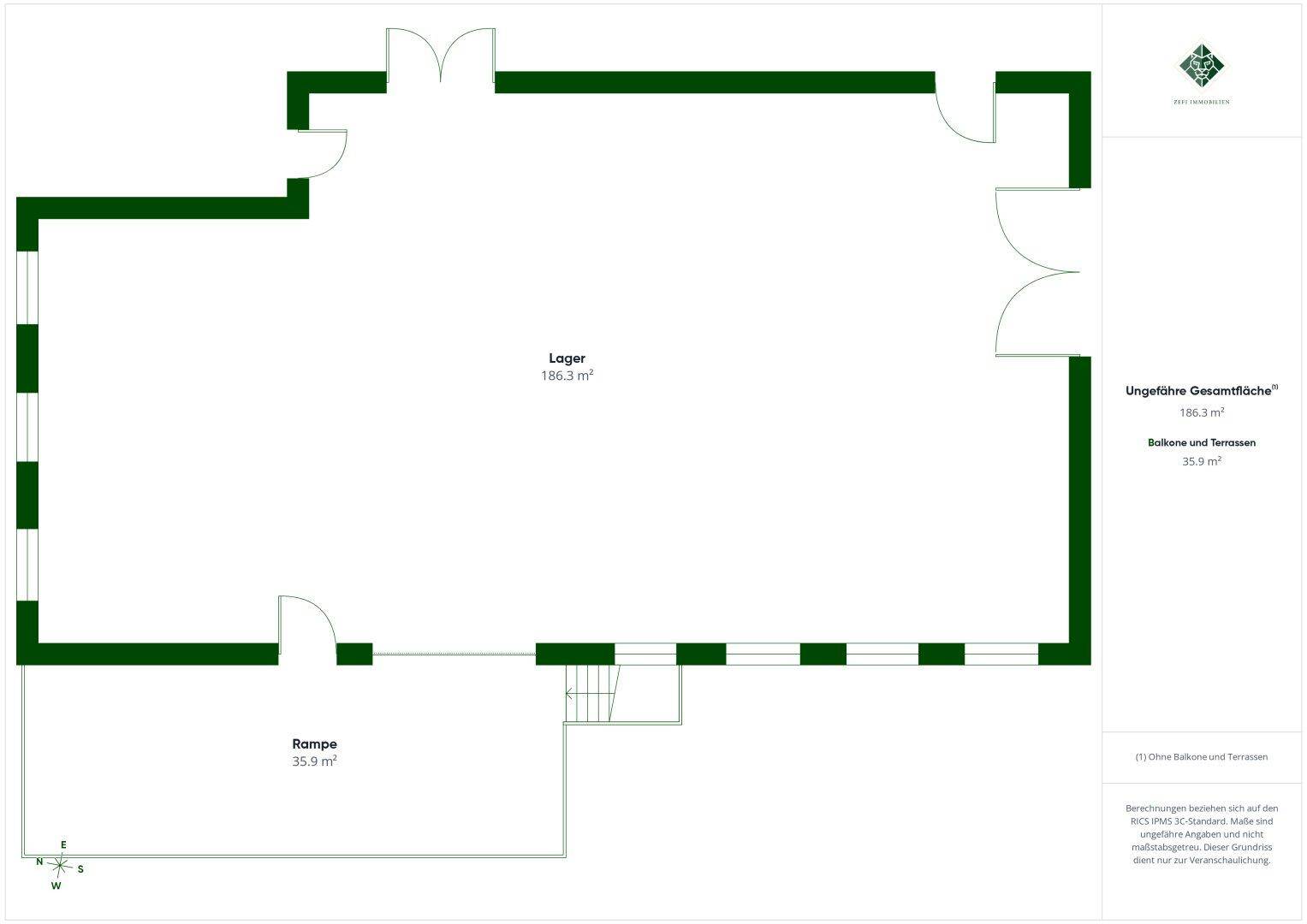 Grundrissplan zeigt einen großen Lagerbereich von 186,3 m² und eine Rampe von 35,9 m².