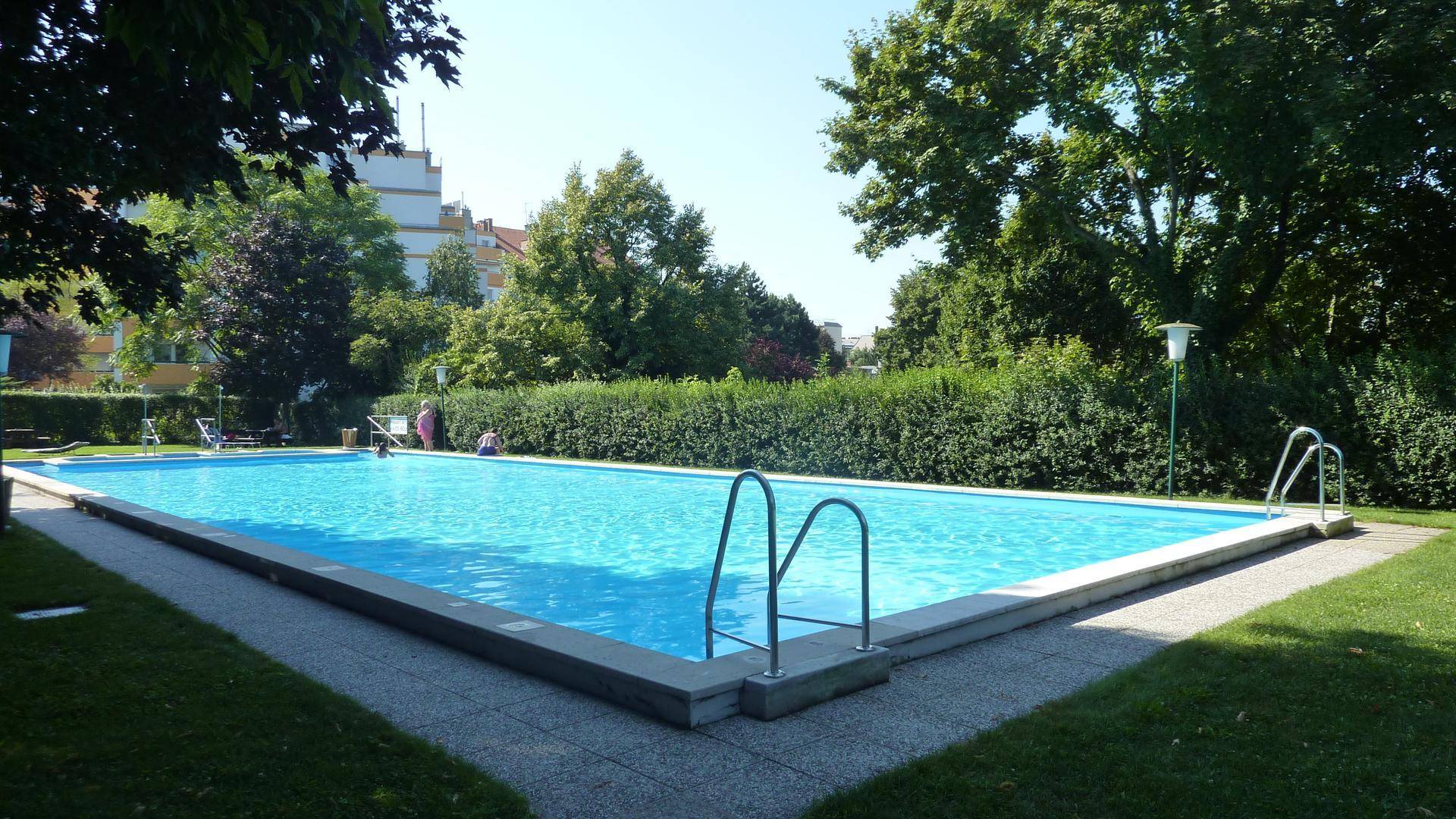 Großer Gemeinschaftspool mit klarem Wasser, umgeben von Grünflächen und Bäumen an einem sonnigen Tag.