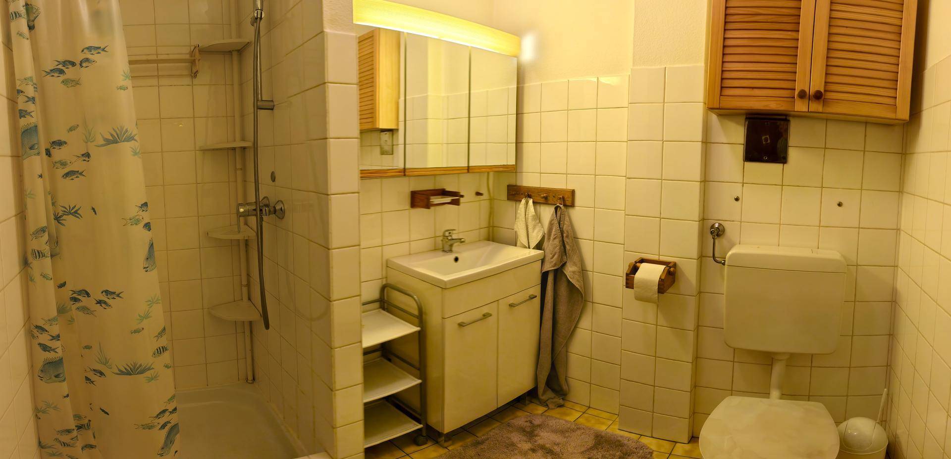 Funktionales Badezimmer mit Dusche, WC, Waschbecken und Spiegelschrank, komplett gefliest.