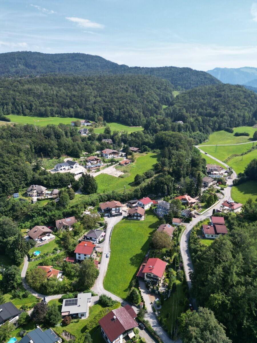 Weitläufige Ansicht einer Wohngegend umgeben von sanften grünen Hügeln und dichten Wäldern.