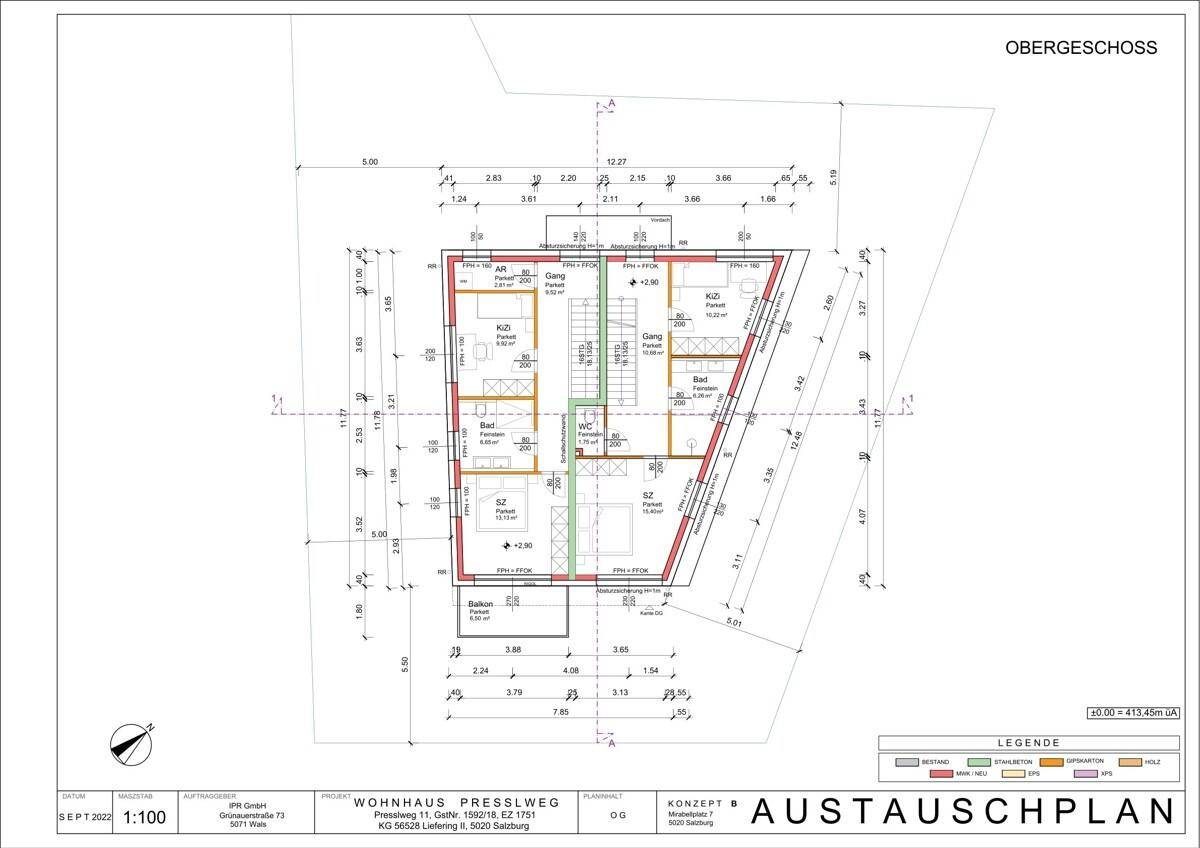 Grundriss des Obergeschosses mit Schlafzimmern, Bädern und Balkonen für die Wohneinheiten.
