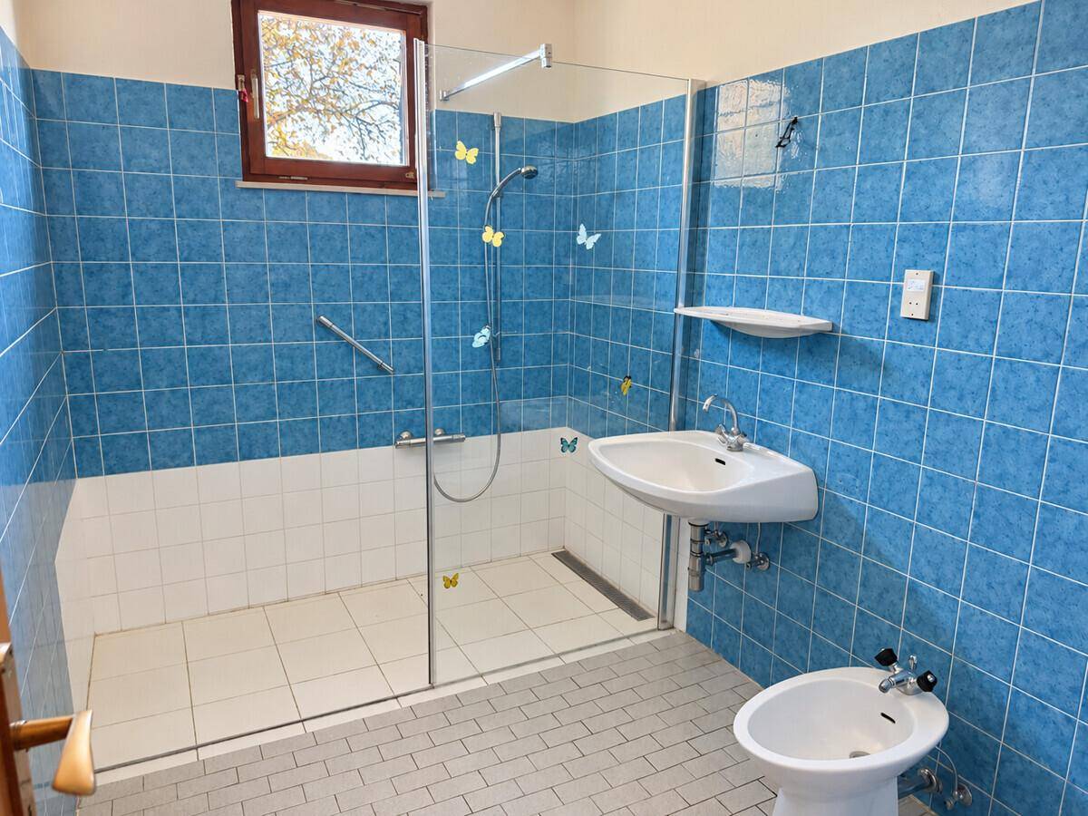 Badezimmer mit blauen Fliesen, ebenerdiger Dusche, Waschbecken und Bidet.
