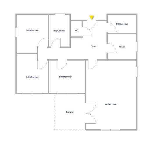 Grundriss des Erdgeschosses mit drei Schlafzimmern, Wohnzimmer, Küche und Terrasse.